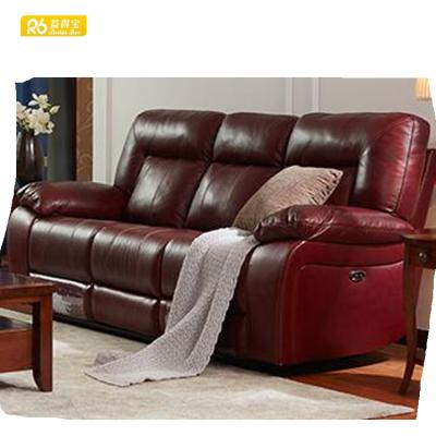 China Five Recliner Extendable Red Leather Sofa With Classic Wood Frame for sale