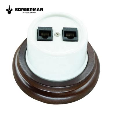 China Durable Wholesale Computer RJ45 Internet Telephone RJ11 Porcelain Vintage Outdoor Wall Mount Socket With Wood Frame for sale