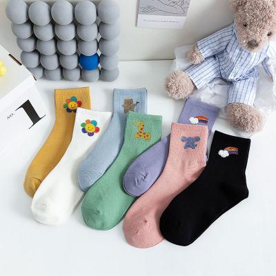 China New style breathable cotton thongs summer women's college style socks spring and cartoon printing middle tube socks for sale