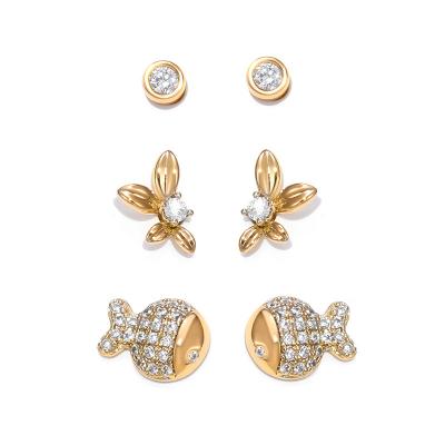 China Other 1set 3pcs Women Jewelry Cute Gold Flower Fish Diamond Earrings Lady Girls 18k Gold Ear Studs Luxury Earring For Women for sale