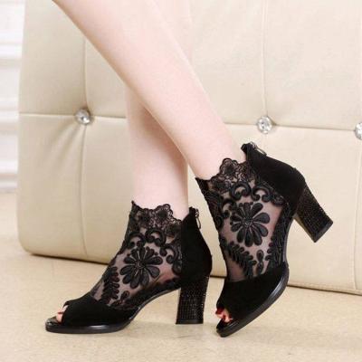 China New Style Fashion Trend Style Ladies Brand Design Lace Mesh Women's Embroidery High Heel Shoes for sale