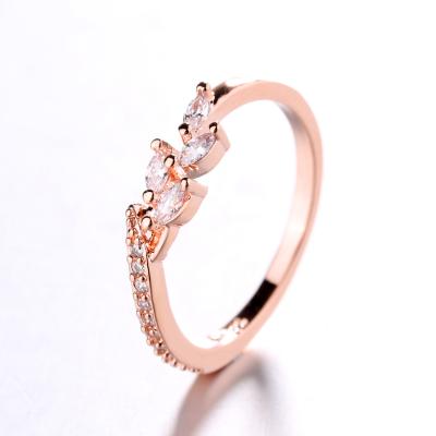 China Fashion New Romantic Hot Selling Small Fresh Flower Leaf Women's Branch Party Ball Zircon Ring Rose Gold Copper Jewelry for sale