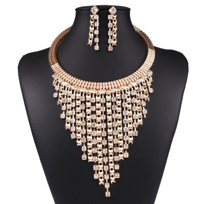 China New Trendy Fashion Tassel High End Creative Multilayer Diamond Inlaid Necklace Earring Necklace Jewelry Set for sale