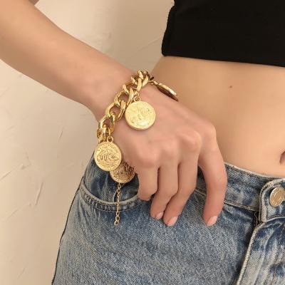 China Female Thick Hyperbola Chain Bracelet Portrait Coin Exaggerated Geometric Style Punk Bracelet Hip Hop Jewelry for sale