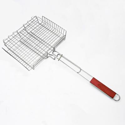 China Easily Cleaned Home BBQ Accessories Grill Rack Basket BBQ Grill Wire Mesh With Wood Handle For Vegetable Fish Steak for sale