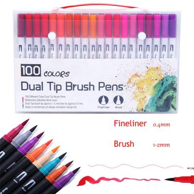 China Art Painting 100 Colors Dual Tips Watercolor Brush Fineline Marker Pen with Brush and Fine Point Tips for sale