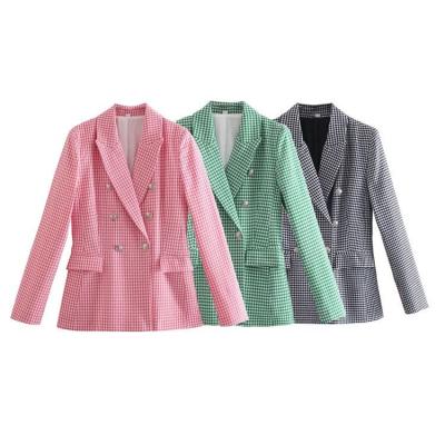 China Q1008S 2021 New Breathable Design Office Ladies Double Breasted Outwear Green Plaid Printing Blazers for sale