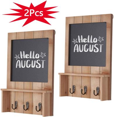 China Rustic Wooden Decor Chalkboard Decor Wall Mounted with Key Hooks, Entryway Organizer with 2pcs Holder Shelf for sale