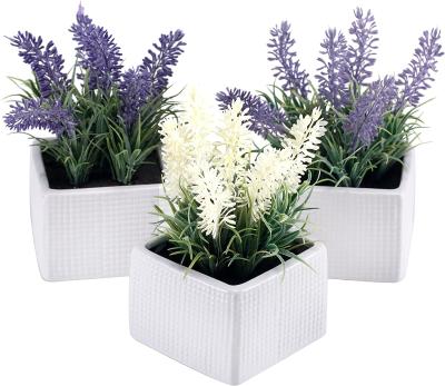 China Minimalist set of 3 assorted color artificial lavender flower plants in white textured ceramic pots for sale