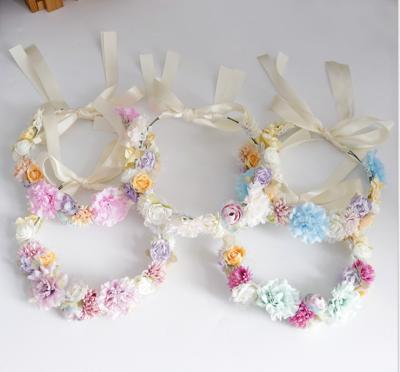 China Home Decoration Adjustable Flower Headband Hair Garland Crown Halo Floral Headpiece with Ribbon Boho Wedding Festival for sale