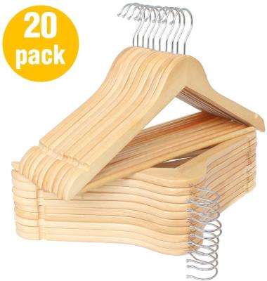 China Eco-Friendly Natural Wooden Suit Hanger Hangers With Pants Bars Solid Wood Coat Hanger With 360 Degree Swivel Hook 20 Packs for sale