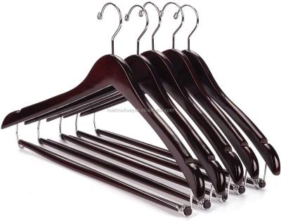 China SHOW Sturdy Contoured Wooden Suit Coat Hangers Wooden Coat Hangers with Locking Bar Chrome Hook Pack of 5 (Walnut) for sale