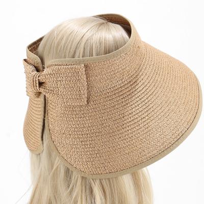 China Striped Women Sun Visors Overflow Wide Packable Foldable Roll Up Ponytail Beach Straw Visor Sun Hats for sale