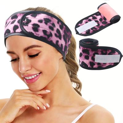 China Polyester Spa Headband Makeup Shower Bath Wrap Sport Facial Headband Leopard Printed Terry Cloth Adjustable Stretch Towel With Magic Tape for sale