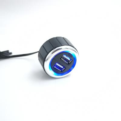 China ABS 12V/24V 3.1A 2 USB With 62cm Cable Car Charger Cigarette Lighter Blue Red Light for sale