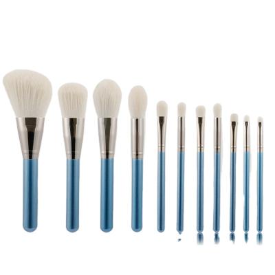 China Angular Blush Factory Wholesale Custom Logo Color Blue Wood Handle 11pieces Professional Beauty Makeup Brush Set With PU Bag for sale