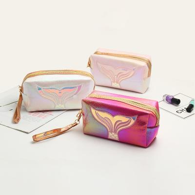 China New PU Large Capacity Storage Creative Fishtail Portable Bag Durable Wholesale Custom Laser Cosmetic Bag Holding Colorful Wash Bag for sale