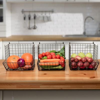 China Black Detachable Wall Mounted Hanging Organizer Viable Storage 3 Tier Metal Wire Fruit Vegetable Kitchen Baskets for sale