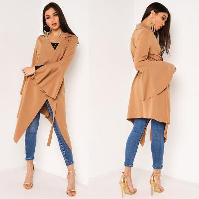 China Breathable Women Chic Feel Camel Bell Sleeve Chiffon Jacket With Belt for sale