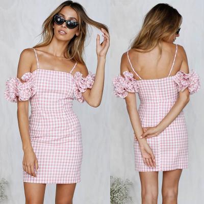 China 2018 New Arrivals Anti-Static Clothing Ruffled Sleeve Pink Gingham Women Dresses Summer for sale