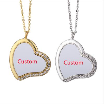 China Double Sides Turning Blank Hip Hop Bling Rhinestones Heart Necklace Sublimation Custom Pendant Necklace Jewelry for sale