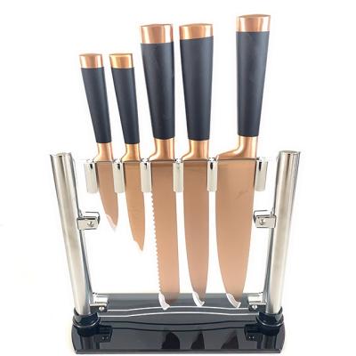 China Sustainable 6pcs titanium rose gold coating non stick stainless steel kitchen knife with plastic block for sale