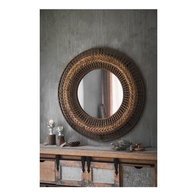 China Traditional Antique Style Round Mirror Decoration Classy Hanging Woven Wood Mirror for sale