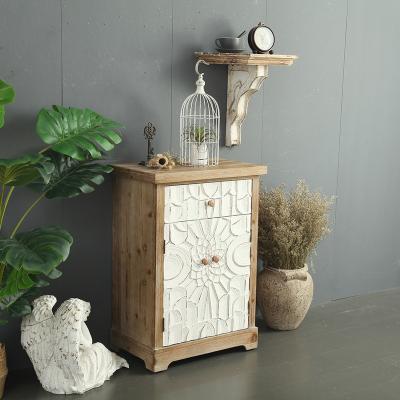 China Rusitc YUANYU HOUSE bedroom funiture farmhouse design 2door 1drawer white handmade carved wooden nightstand small for sale