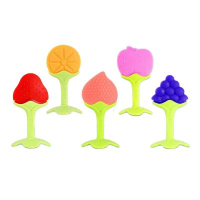 China Soft Toy Hot Selling Food Grade Fruit Shape Silicone Baby Teether Stick Baby Hand Toy for sale