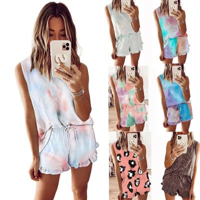 China Women's High Quality QUICK DRY Tie Dye Pajamas Sets Sleeveless Nightgowns Loungewear Tank Tops Ruffle Shorts Sleepwear for sale