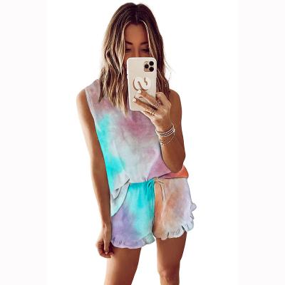 China QUICK DRY Women's Tie Tee And Dye Printed Shorts Pajamas Set Sleepwear Sleeveless Pajamas Sets Loungewear for sale