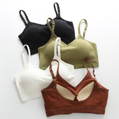 China Solid Color Lingerie Pump Gather Bra Tube Comfortable Breathable Backless Sexy Deep Tank Top V Camisole With Chest Pad for sale