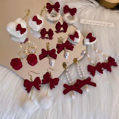 China 925 Cute Silver Red Wine Needle Flocking Love Bow Drop Earrings Autumn And Winter Long Retro Dangle Earring New Year Party Jewelry for sale