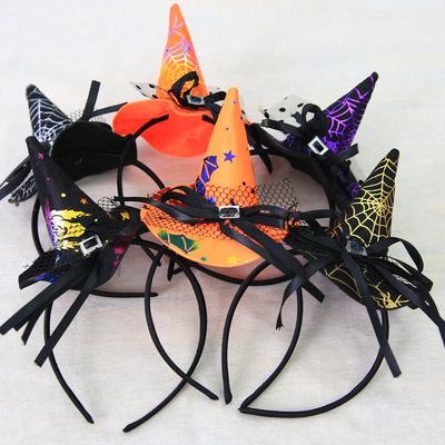 China Easy Halloween Witch Hat Headband Decoration Gold Blocking Hat Bow Lace Headband 2021 Wholesale for sale