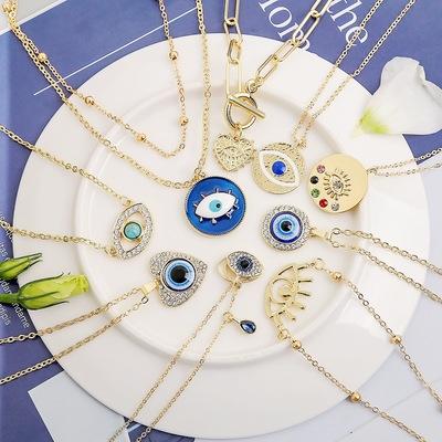 China Easy Eye Crystal Pendant Necklace Angel Zodiac Diamond Bead Gold Instu Multilayer Evil Eyes Choker Necklace for sale