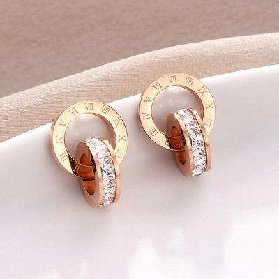 China Bling Rose Gold Circle Earrings Easy Shape To Cute High End Stainless Steel Gold Roman Earrings For Woman Steel Jewelry 2021 for sale