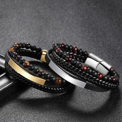 China Eco-Friendly Multilayer Gold Plated Stainless Steel Magnetic Clasp Bracelet Leather Braid Lava Volcanic Stone Bead Leather Bracelet For Men for sale