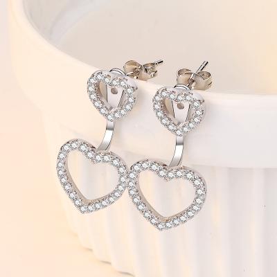 China FASHIONABLE Hot Sale Silver Plated Double Hearts Earrings Back Zircon Heart Hanging Women Studs Earrings for sale