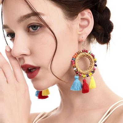 China BOHEMIA Design Popular Bohemian Fashion Geometric Circle Bead Earrings European and American Rattan Tassel Earrings for sale