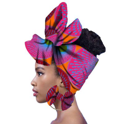 China 100% New Fashion European and American Style African Print Wax Ankala Fabric Headwrap Turban Bandana Scarf With Earrings for sale