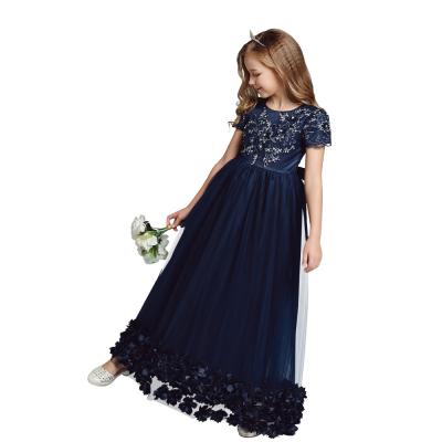 China Breathable Navy Blue Appliqued Flower Girl Dresses Girls Dress Gowns For 12 Years Old Kids for sale