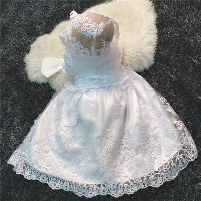 China Newborn Baby Christening Dress Flower Anti-wrinkle Embroidery Dress With Hat White Baby Infant Girl for sale