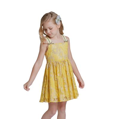 China Summer Breathable Ready Shipping Casual Daily Wear A Line Yellow Elegant Kids Clothing Lace Girl Dress for sale