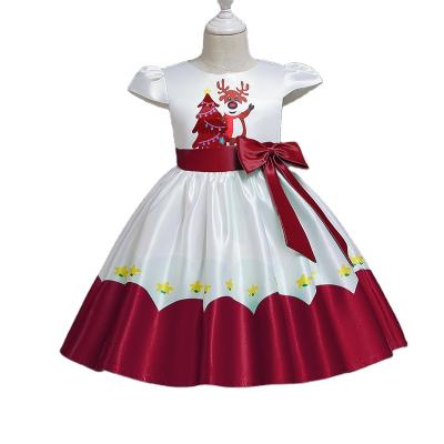 China Anti-wrinkle Low Price Contrast Bow Belt Girls Christmas Costume 2-12 Year Old Christmas Dress for sale