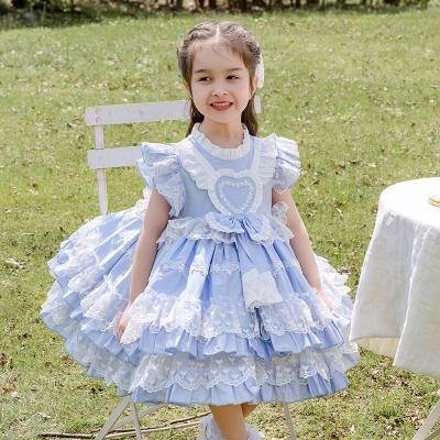 China Anti-static Blue Princess Lolita Dress Vintage Trim Lace Summer Baby Spanish Kids Wedding Birthday Party Dress for sale