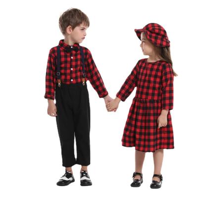 China Baby Boy Casual Dress Kids Suits Toddler Brother and Sister Clothing Sets Cotton Long Sleeve Plaid Shirt Girls Red Casual Dresses for sale