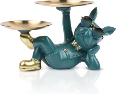 China Europe 2 Metal Tray dog Animal Figurines,double disk Resin Dog Statue Sculpture,Living Room Bedroom Decor for sale