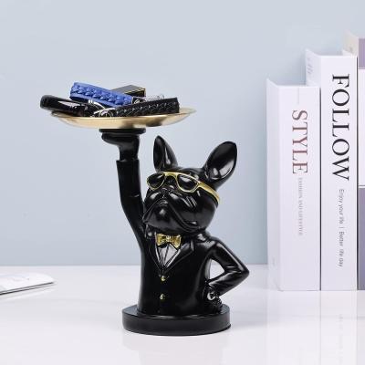 China Europe Northern Europe Style Popular Resin Bull Dog Animal Sculpture Statue with Storage Holder Serving Tray Home Table Decoration for sale