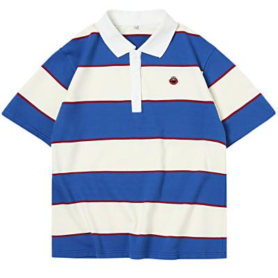 China New Anti-pilling Blue Women Summer Striped Polo Shirt Short Sleeve Cartoon Ladies Loose Tops for sale