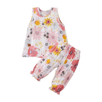 China Anti-wrinkle Kids Baby Sleeveless Floral T-shirt Tops and Long Panty Toddler Girls Dress Set for sale